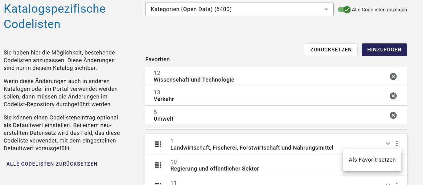 InGrid Editor: "Favoriten der Codelisten"