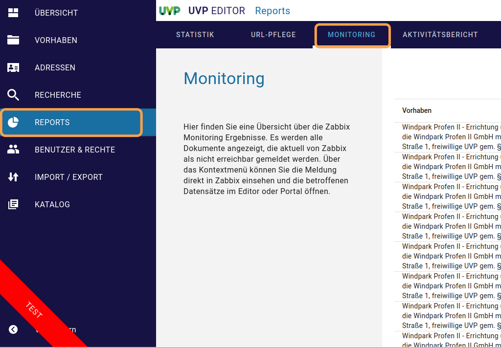 InGrid Editor: "Monitoring nicht erreichbarer Dokumente/Verfahren"