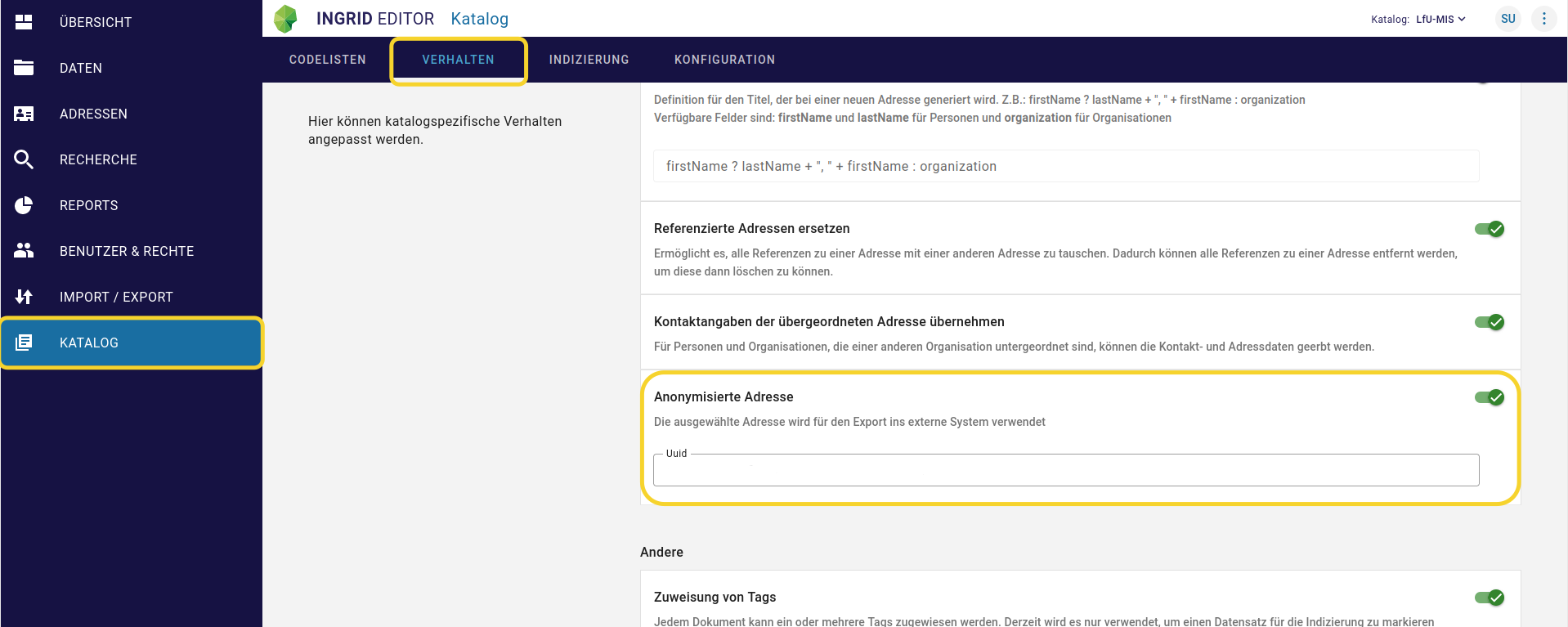 InGrid Editor: "Anonymisierung"
