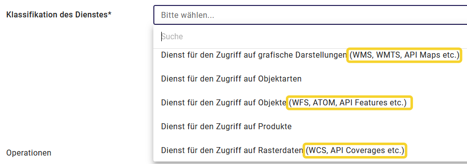 InGrid Editor: "Klassifikation des Dienstes"