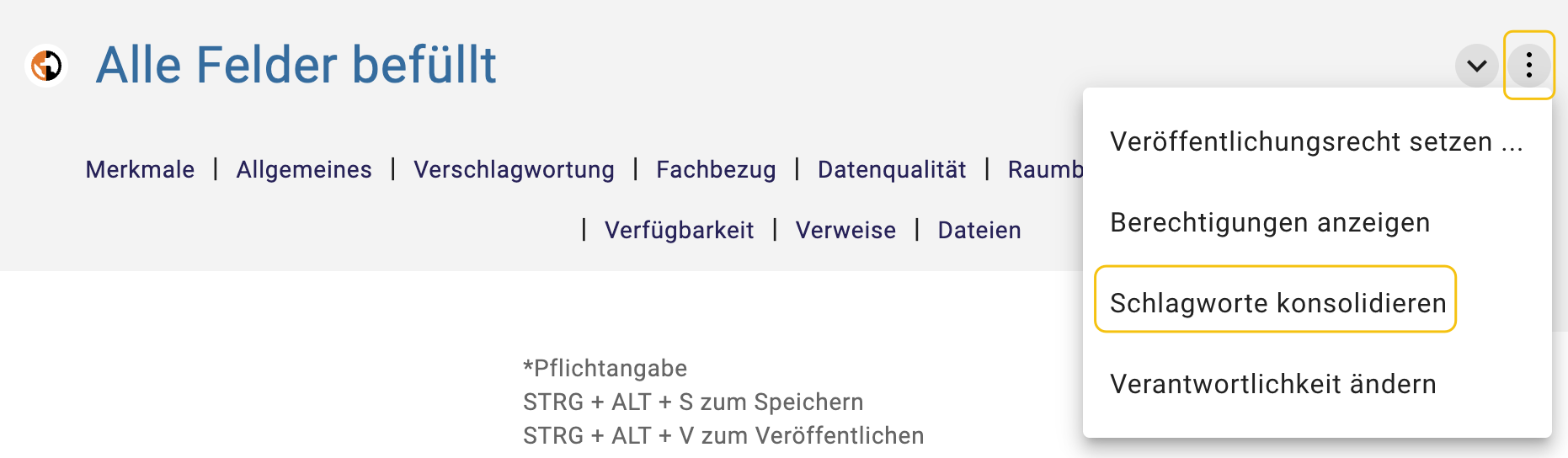 InGrid Editor: "Schlagwort Konsolidierung: Auswahl"