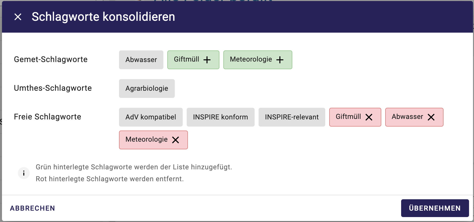InGrid Editor: "Schlagwort Konsolidierung: Übersicht"