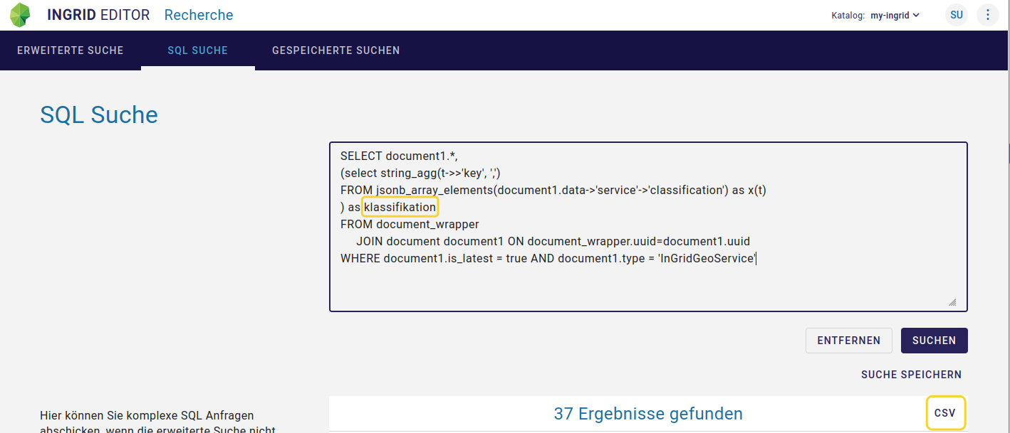 InGrid Editor: "CSV Export, SQL-Abfrage"