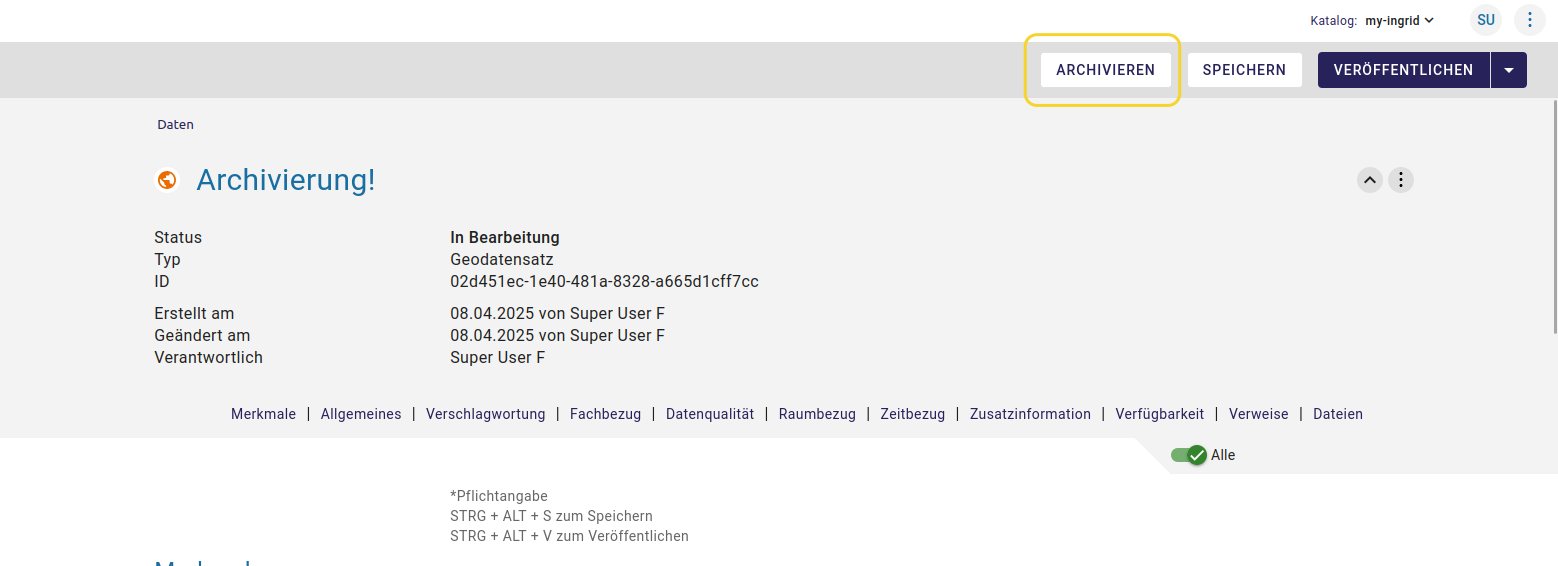 InGrid Editor: "Archivierung"